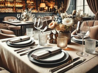 Štýlové prestieranie na stôl s miskami na polievku v elegantnej reštaurácii