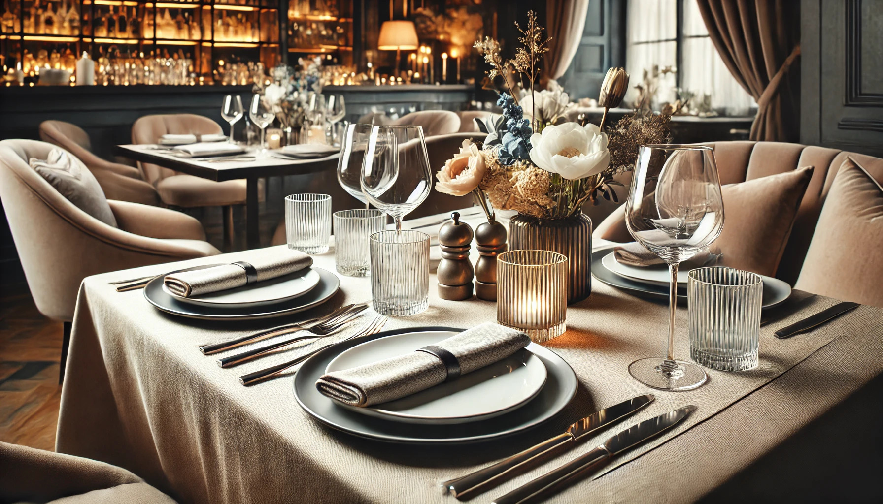 Štýlové prestieranie na stôl s miskami na polievku v elegantnej reštaurácii